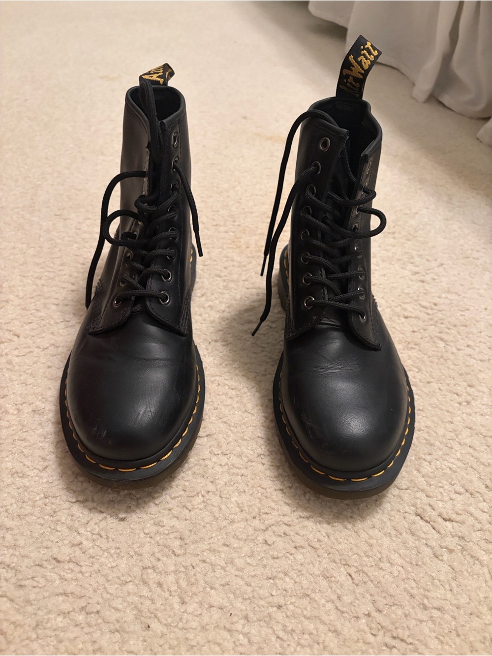 Dr. Martens Black Leather Lace-Up Boots with Yellow Stitching